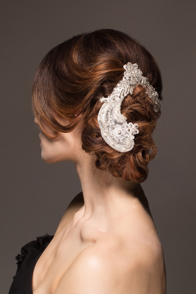 Beaded ivory bridal hair piece worn by brunette model by Annabel Allen Millinery