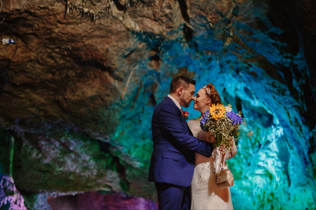 Newlywed couple at Wookey Hole caves wedding venue in Somerset