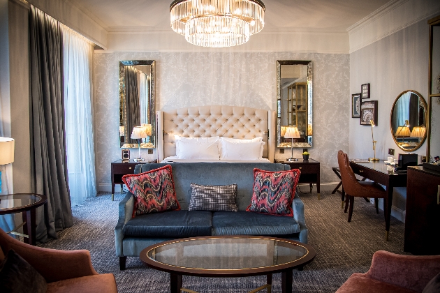 Beautiful room at The Francis Hotel Bath with sofa and chandelier