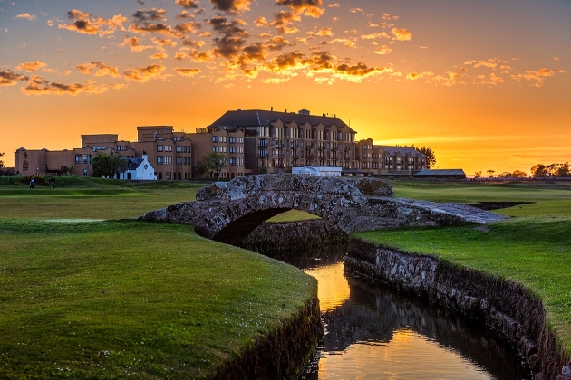 Hotel overlooking golf course at sunset