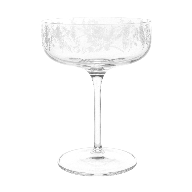 champagne coupe etched with floral pattern