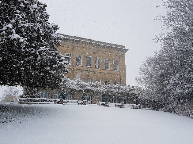 Bailbrook House Hotel exterior covered in snow
