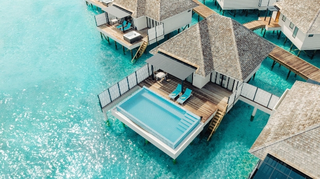 Bird's eye view of a water villa at Nova Maldives