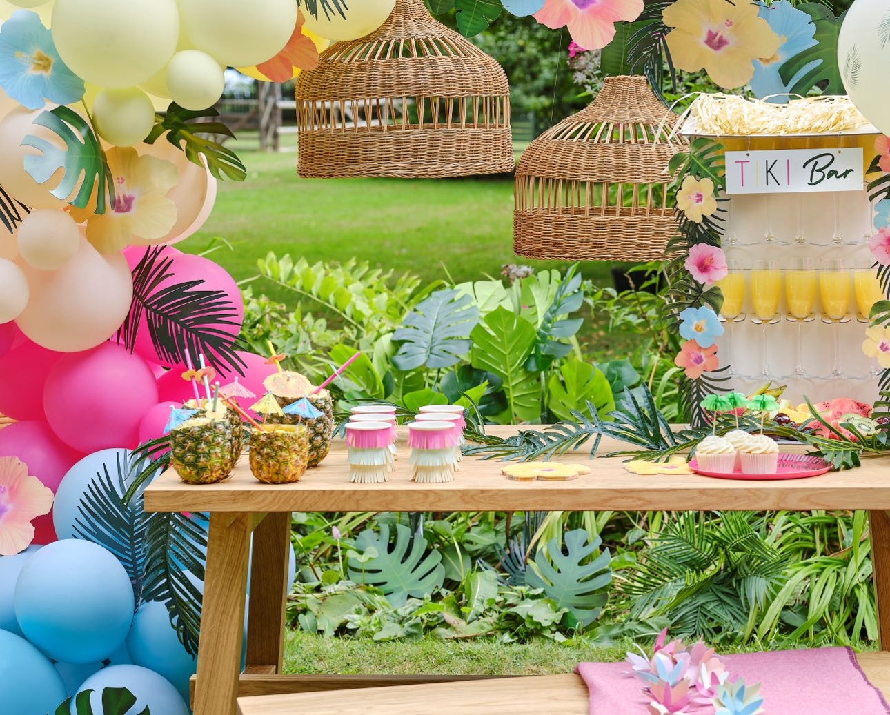 table set up in tropical party theme