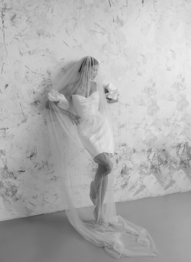 model in white short dress, detachable sleeves and long veil 