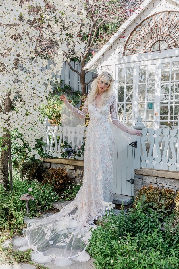 ethereal applique floral gown long sleeves