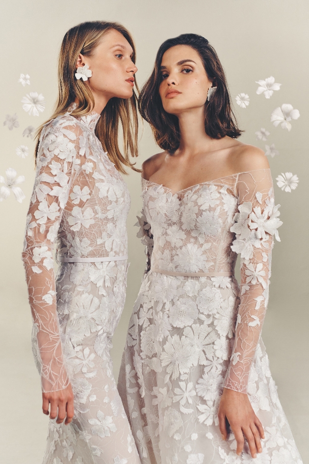two models in wedding dresses floral details one off the shoulder one high neck