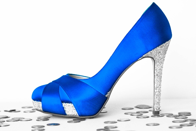 Blue wedding shoe surrounded by sixpences